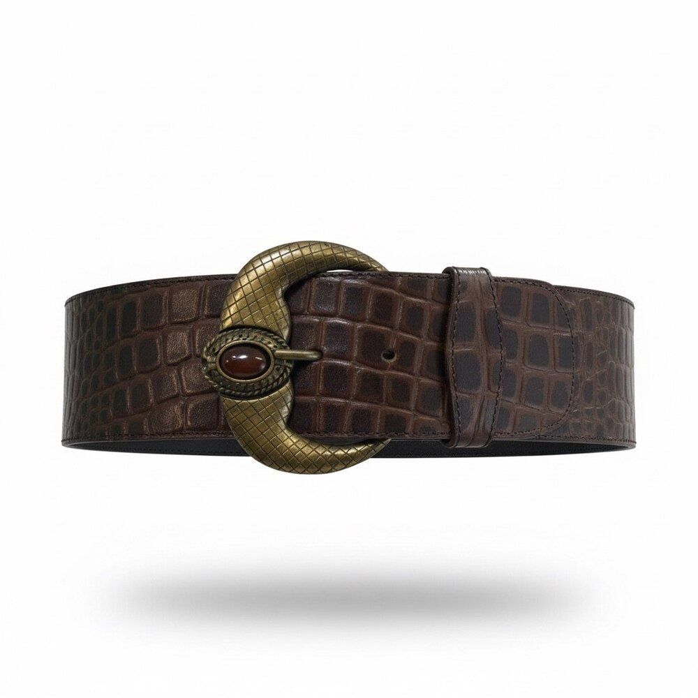 Crocodile Embossed Wide Leather Belt Brass Tone Buckle Brown Stone OS Womens